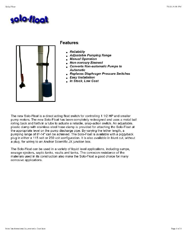 Anchor Scientific float switches and controls